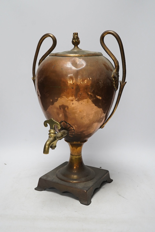 A group of copper to include a Victorian mechanical bellows, a cylindrical copper coal box and three other items, largest 49cm. Condition - poor